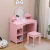 Kids Vanity with Lighted Mirror & Stool, Little Girls Vanity with Adjustable LED Light, Bookshelf, Storage Drawer & Shelves for Girls 3-9 - 3 of 4