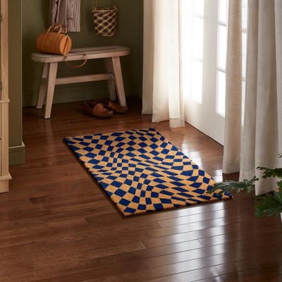 Blue and Natural Coir Checkerboard Outdoor Door Mat, 24" x 36"