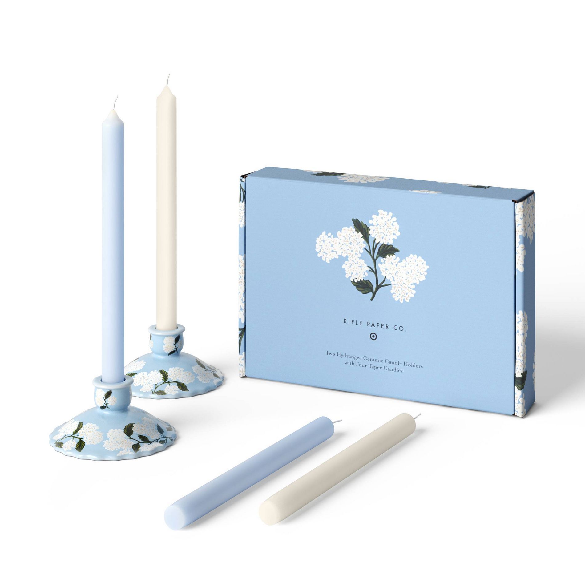 Rifle Paper Co. x Target Set of 4 Hydrangea Taper Candles with Set of 2 Candlestick Holders: Ceramic, Multicolored, Tabletop Decor