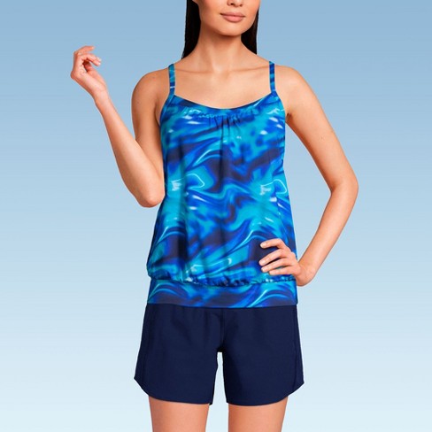 Lands End Women s D cup Chlorine Resistant Blouson Tankini Swimsuit Top 6 Electric Blue Multi swirl Target