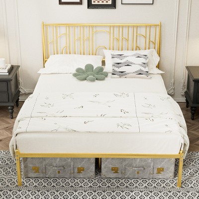 FURNIinspire Beds Queen Bed Frame Metal Steel Platform Bed with Classic Iron-Art Headboard for Home Hotel Furniture, Gold, 82.99"*62.91"*44.06"
