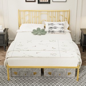 FURNIinspire Beds Queen Bed Frame Metal Steel Platform Bed with Classic Iron-Art Headboard for Home Hotel Furniture, Gold, 82.99"*62.91"*44.06" - 1 of 4