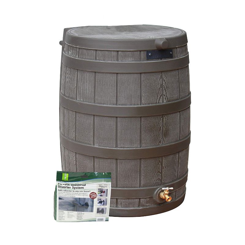 Good Ideas Rain Wizard Water Storage Rain Collection Barrel 50-Gallon w/ Diverter Kit, Oak, 1 of 7