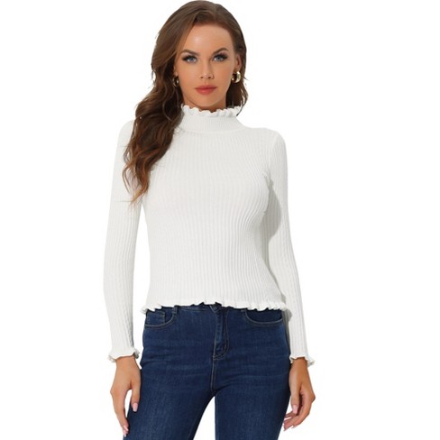 Allegra K Women's Classic-fit Lightweight Long Sleeves Ruffle Mock Neck  Sweater White X-small : Target