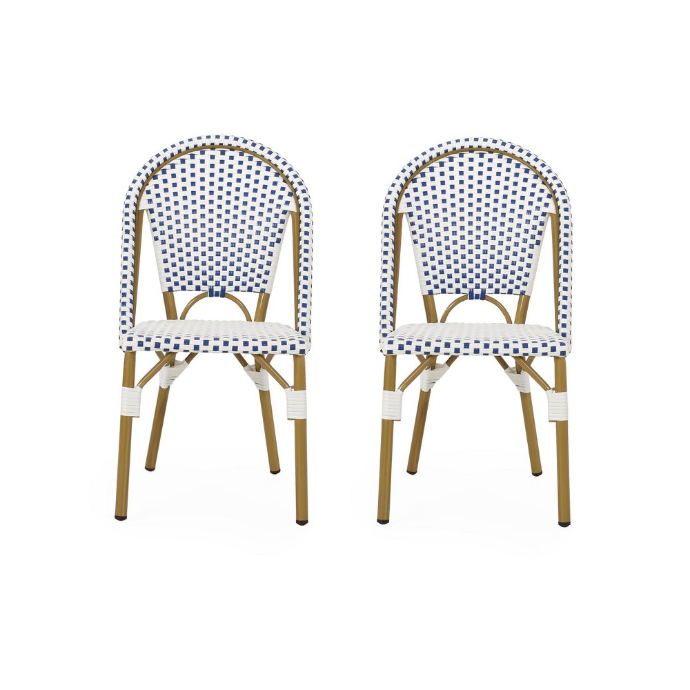 Christopher Knight Home Elize 2pk Outdoor French Cafe Chairs - Blue/White/Bamboo