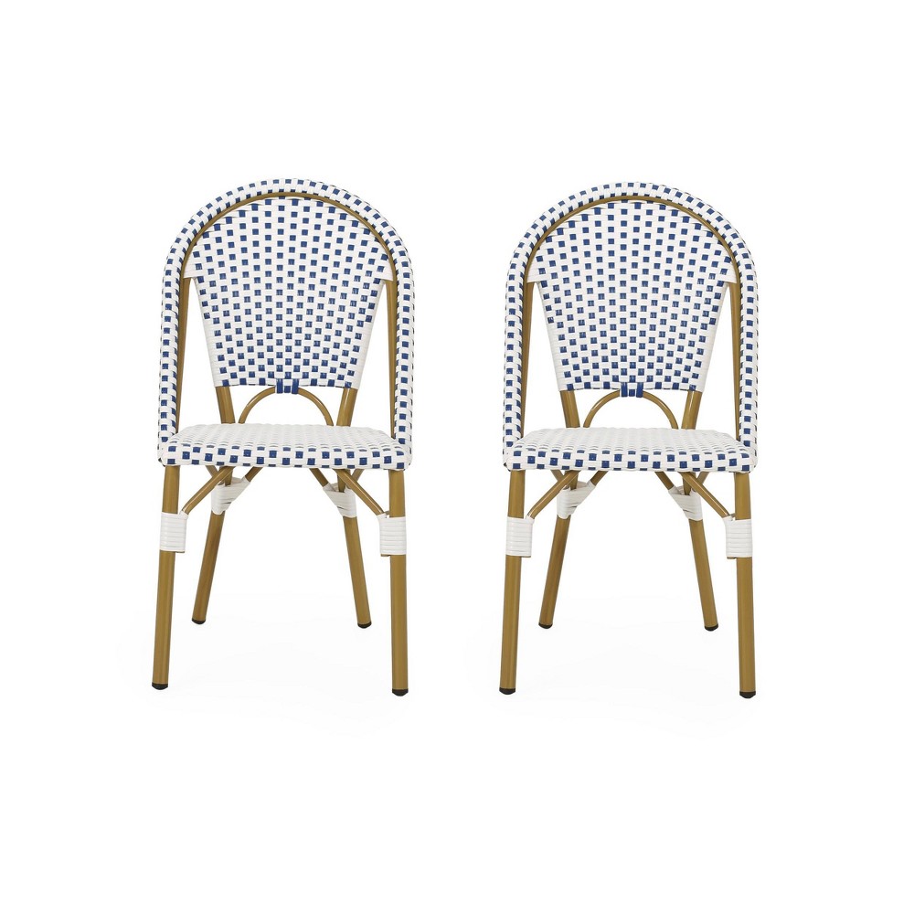 Photos - Garden Furniture Elize 2pk Outdoor French Bistro Chairs - Blue/White/Bamboo - Christopher K