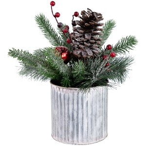 Northlight 12" Frosted Pine, Berries and Pine Cones Floral Arrangement in Tin Pot - 1 of 4