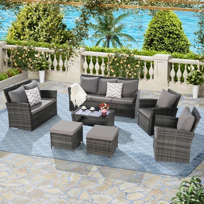 7-Piece Outdoor 9-Seater Cnversation Sofa Set with 2 Ottoman and Coffee Table