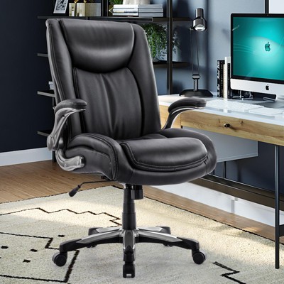 COLAMY High Back Big Tall Office Chair 400lb Flip-up Arms Bonded Leather Adjustable Height Wide Seat Executive Home Office Desk Chair, Black