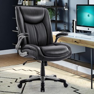 COLAMY High Back Big Tall Office Chair 400lb Flip-up Arms Bonded Leather Adjustable Height Wide Seat Executive Home Office Desk Chair, Black - 1 of 4