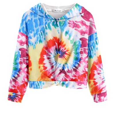 Arshiner Hoodies for Teen Girls Twist Front Tie Dye Hooded Sweatshirt Casual Long Sleeve Tops Clothes for 5-13 Years
