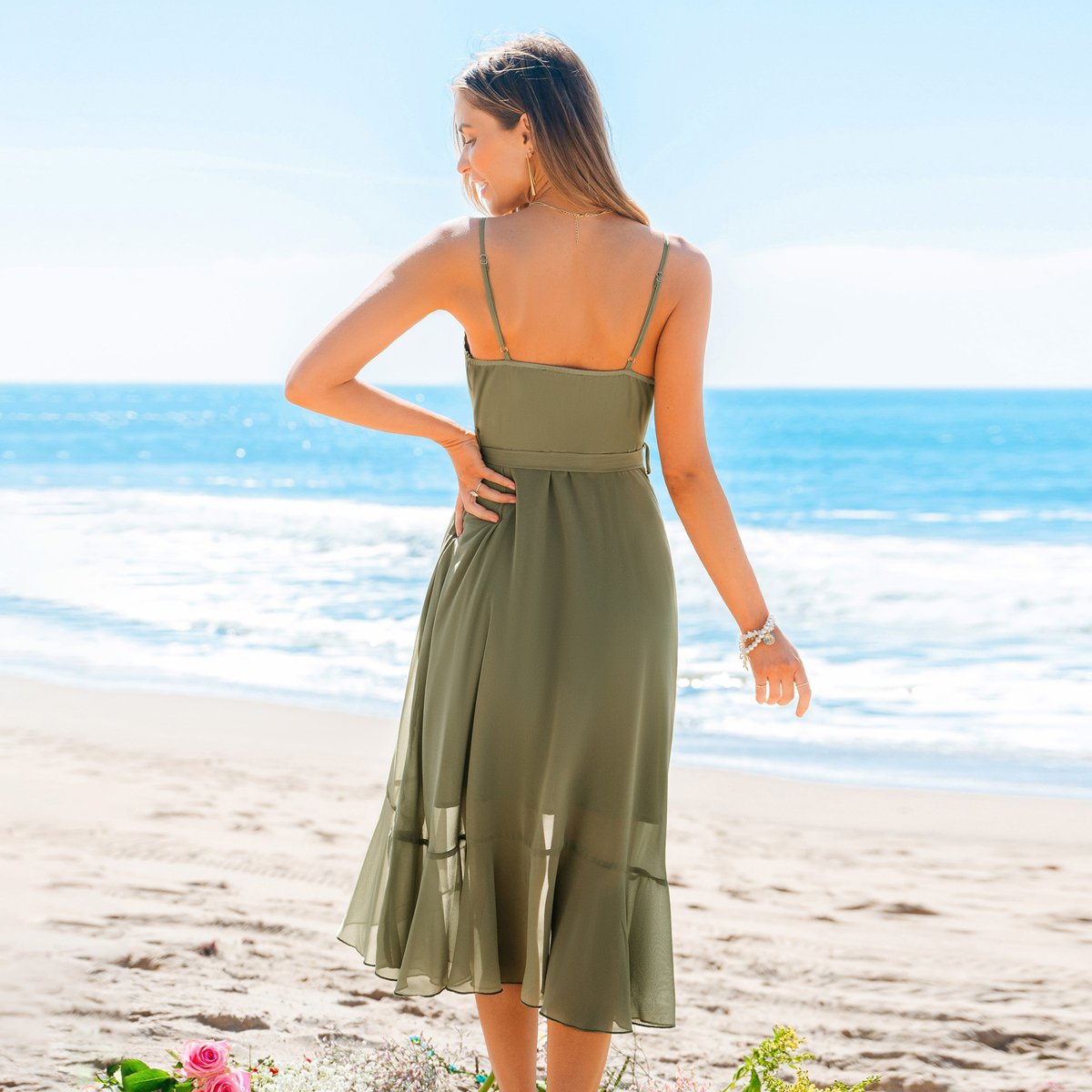 Женские платья Cupshe Women's Ruffled Chiffon Midi Wedding Guest Dress-L-Green — фото 4