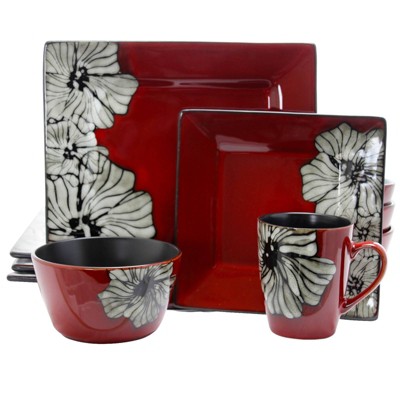 16pc Stoneware Garden Flower Dinnerware Set Red - Elama