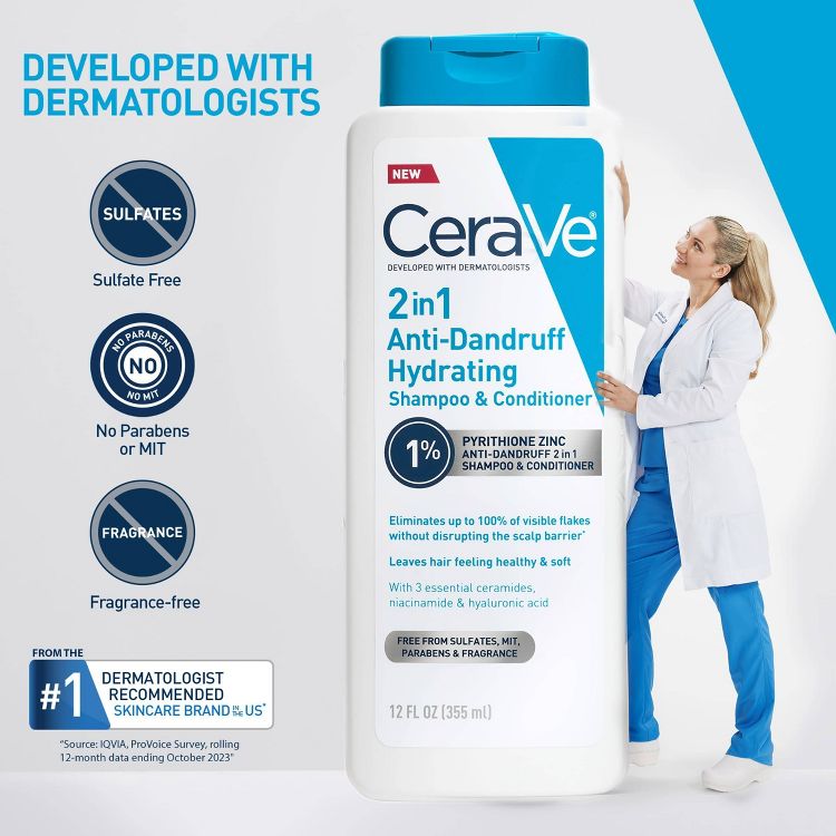 White bottle of CeraVe 2-in-1 Anti-Dandruff Hydrating Shampoo & Conditioner with blue cap, featuring text about being sulfate-free, paraben-free, and fragrance-free, and containing 1% pyrithione zinc, with a capacity of 12 fl oz (355 ml).