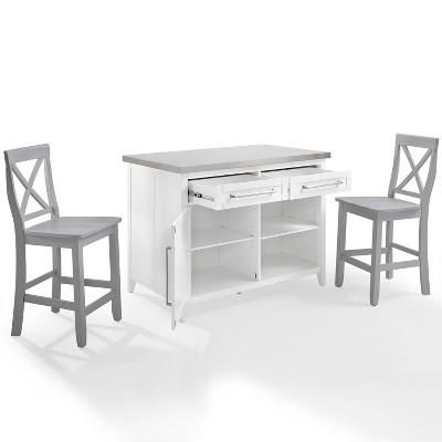 Silvia 51'' White and Gray Kitchen Island with Stainless Steel Top and X-Back Stools