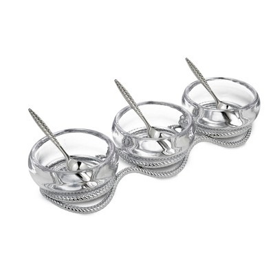 Nambe Braid Condiment Set with Spoons, Modern Scandinavian Glass Bowls on Braided Stainless Steel & Chrome Base - Decorative Serving Set