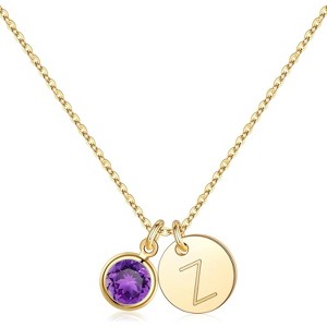 Personalized Birthstone Necklace 14K Gold Plated Initial Disc Jewelry Gift - 1 of 4