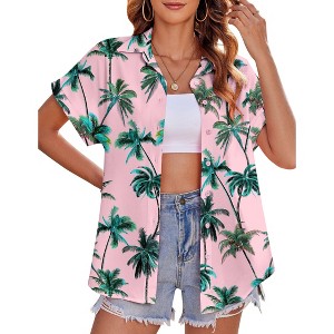 Zeagoo Women's Hawaiian Button Down Shirts Casual Short Sleeve Floral Tropical Print Summer Blouse Tunic Top - 1 of 4