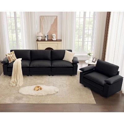 TYBOATLE 122" Leather Sectional Sofa Set, Comfy Modular Couch with Chairs, Deep Seat & Adjustable Armrest for Living Room, Apartment, Office, Studio