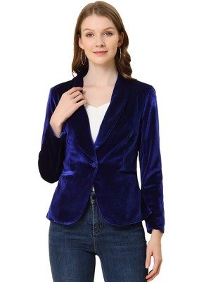 INSPIRE CHIC Women's Office Solid Shawl Collar Jetted Pockets One Button Velvet Blazer