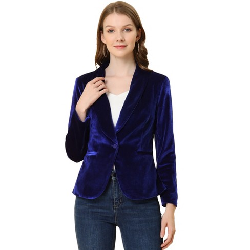 Allegra K Women's Office Coat Solid Shawl Collar 1 Button Velvet Blazer  X-Small Deep Blue at  Women's Clothing store