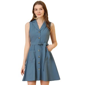 INSPIRE CHIC Women's Sleeveless V Neck Notched Lapel Shirt Dress - 1 of 4
