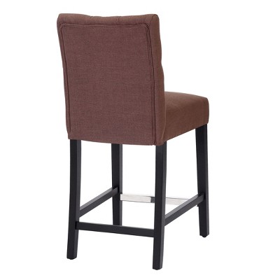 Brown Linen Upholstered Button Tufted Counter Stool with Wood Legs