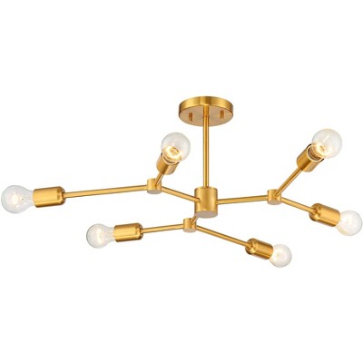 Possini Euro Design Mid Century Ceiling Light Semi Flush Mount Fixture Brass 25" Wide 6-Light Sputnik for House Bedroom Kitchen