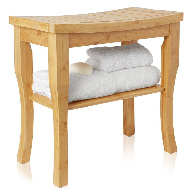 Casafield Bamboo Bathroom Bench Spa Stool, Curved Seat with Storage Shelf, 3 of 8