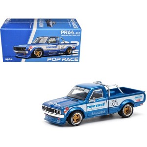 Datsun Pandem 620 Pickup Truck #66 Blue Metallic with White Stripes and Graphics 1/64 Diecast Model Car by Pop Race - 1 of 4