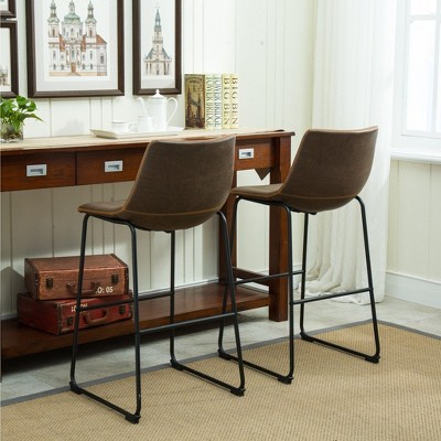 Antique Brown Leather and Black Metal Bar Stools, Set of 2