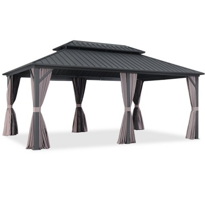 PURPLE LEAF Permanent Hardtop Gazebo Aluminum Frame Gazebo with Galvanized Steel Double Roof, UV-Resistant, Netting & Curtains included - Grey