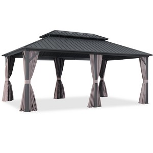 PURPLE LEAF Permanent Hardtop Gazebo Aluminum Frame Gazebo with Galvanized Steel Double Roof, UV-Resistant, Netting & Curtains included - Grey - 1 of 4