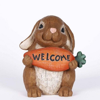 10" Polyresin Rabbit Holding Carrot Welcome Sign Outdoor Statue Brown - Hi-Line Gift