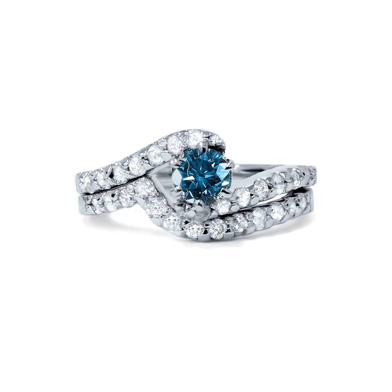 Pompeii3 3/4ct Blue & White Diamond Engagement Wedding Ring Set 14K White Gold, 3 of 6