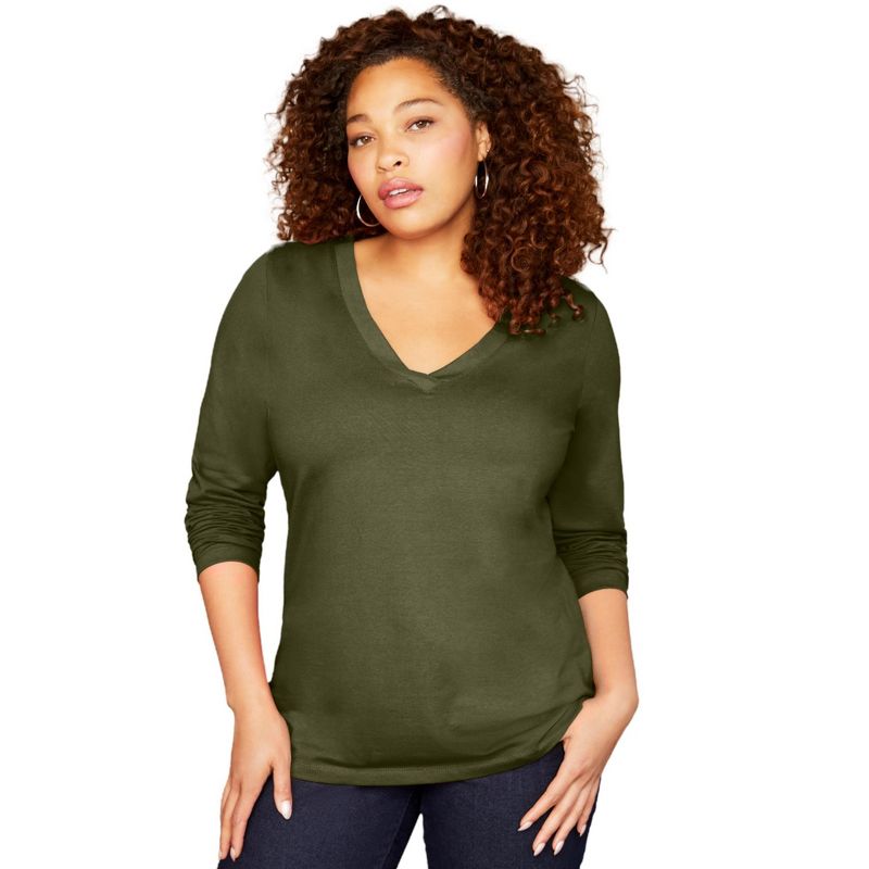 June + Vie by Roaman's Women's Plus Size Long-Sleeve V-Neck One + Only Tee, 1 of 2