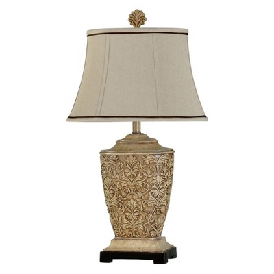 StyleCraft Tortola Carved Cream Table Lamp with Natural Softback Fabric Shade: Embossed Polyresin, No Assembly, UL Listed