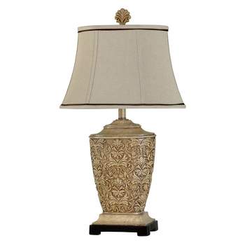 Tortola Carved Cream Table Lamp with Natural Softback Fabric Shade  - StyleCraft