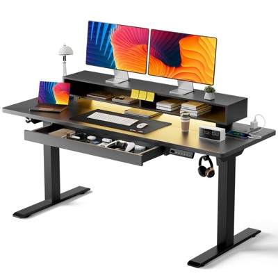 GTPLAYER Electric Standing Desk with Drawers, 48"/55" Height Adjustable Gaming Desk with Monitor Stand, Power Outlets & LED Lights