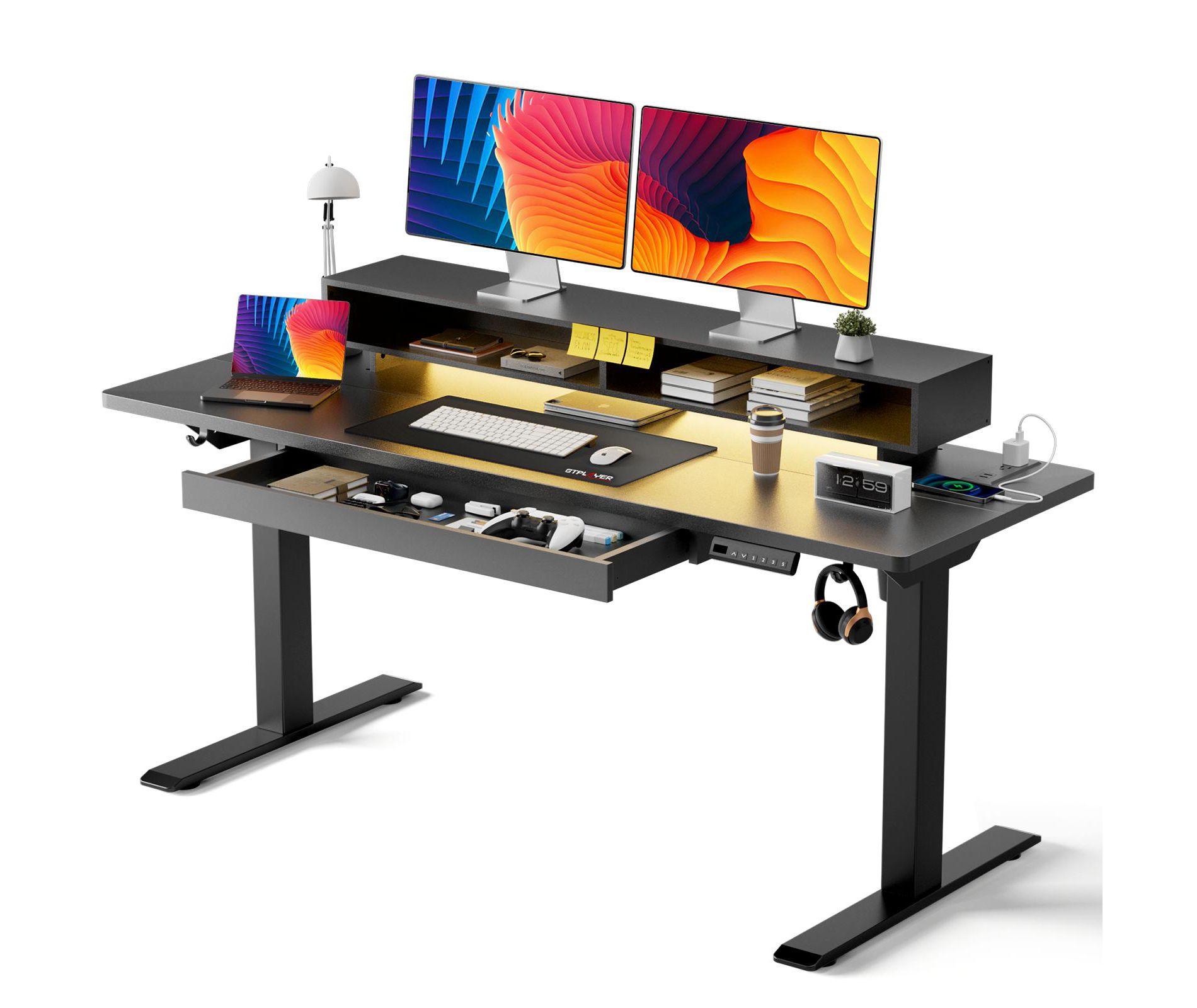 GTPLAYER Electric Standing Desk with Drawers, 48"/55" Height Adjustable Gaming Desk with Monitor Stand, Power Outlets & LED Lights