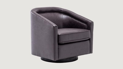 Light Tan Faux Leather Swivel Barrel Chair with Metal Base