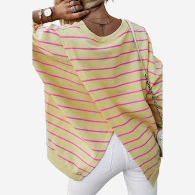 Amaryllis Women’s Blue Red Striped Long Sleeve Top Overlapping Back Detail Scoop Neckline