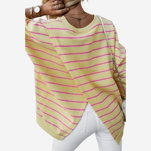 Amaryllis Women’s Blue Red Striped Long Sleeve Top Overlapping Back Detail Scoop Neckline - 1 of 4