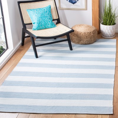 Ivory and Sky Blue Striped Cotton Flat Woven Rug