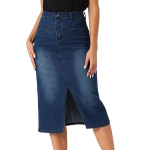 Allegra K Women's Midi High Waist Slit Front with Pockets Jean Skirts - 1 of 4