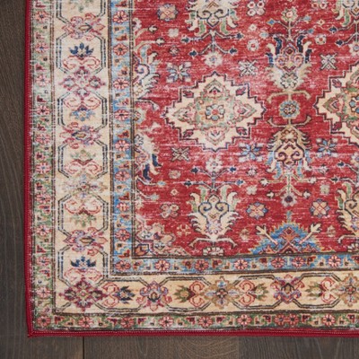 Red and Beige Synthetic Runner Rug with Non-Slip Backing