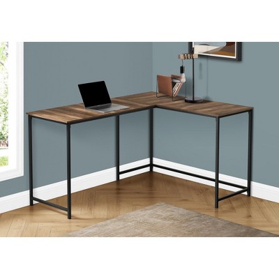 Vynxaria Computer Desk, Home Office, Corner, 58"l, L Shape, Work, Laptop, Brown Laminate, Black Metal, Contemporary, Modern