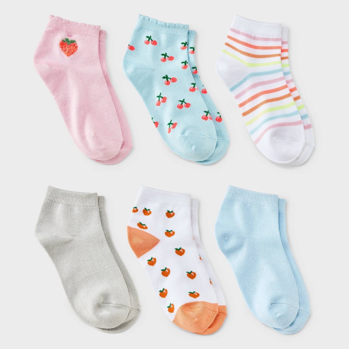 Girls' 6pk Striped Fruits Super Soft Ankle Socks - Cat & Jack™ Pink/Blue/White