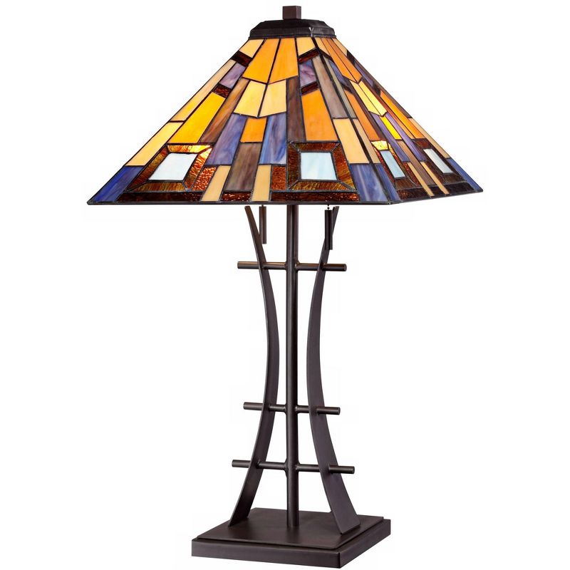 Robert Louis Tiffany Jewel Tone Mission Table Lamp 27" Tall Iron Bronze Geometric Stained Glass Art Shade for Bedroom Living Room Bedside Nightstand, 1 of 10
