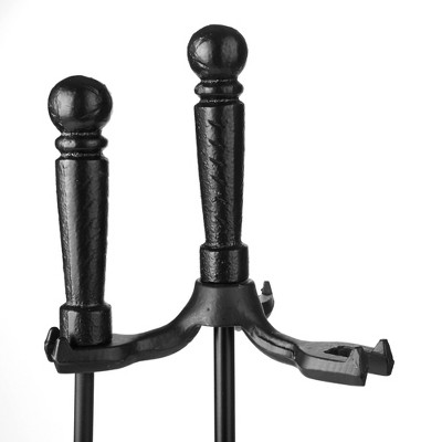 Black Wrought Iron and Steel Fireplace Tool Set with Stand